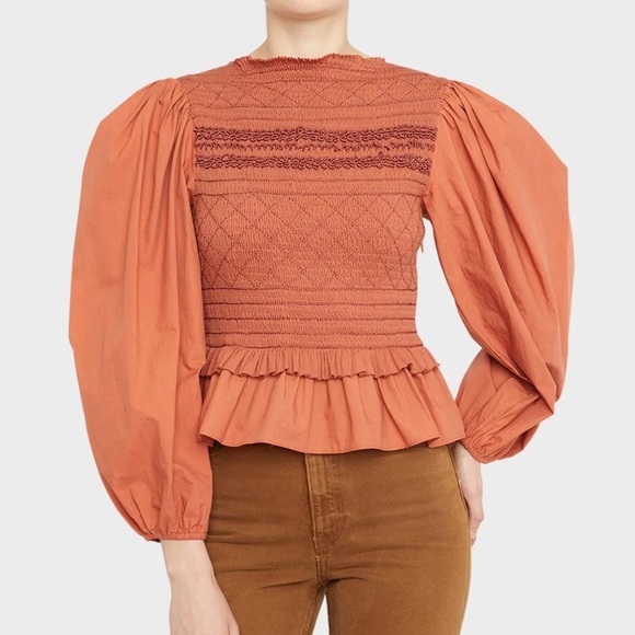 Ulla Johnson Amelia Smocked Puff Sleeve Poplin Blouse in Clay - Picture 5 of 6